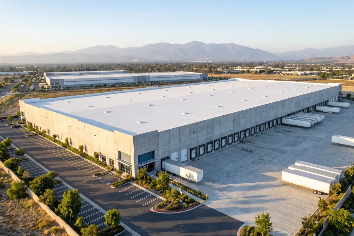 Illustrative aerial of a Southern California distribution warehouse (AI-generated; not the subject property)