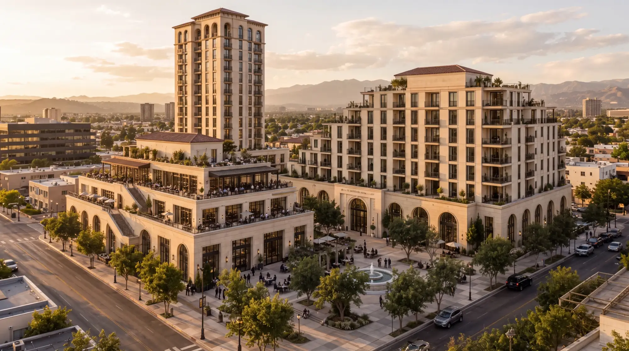Golden-hour aerial concept of the terraced podium and public corner plaza