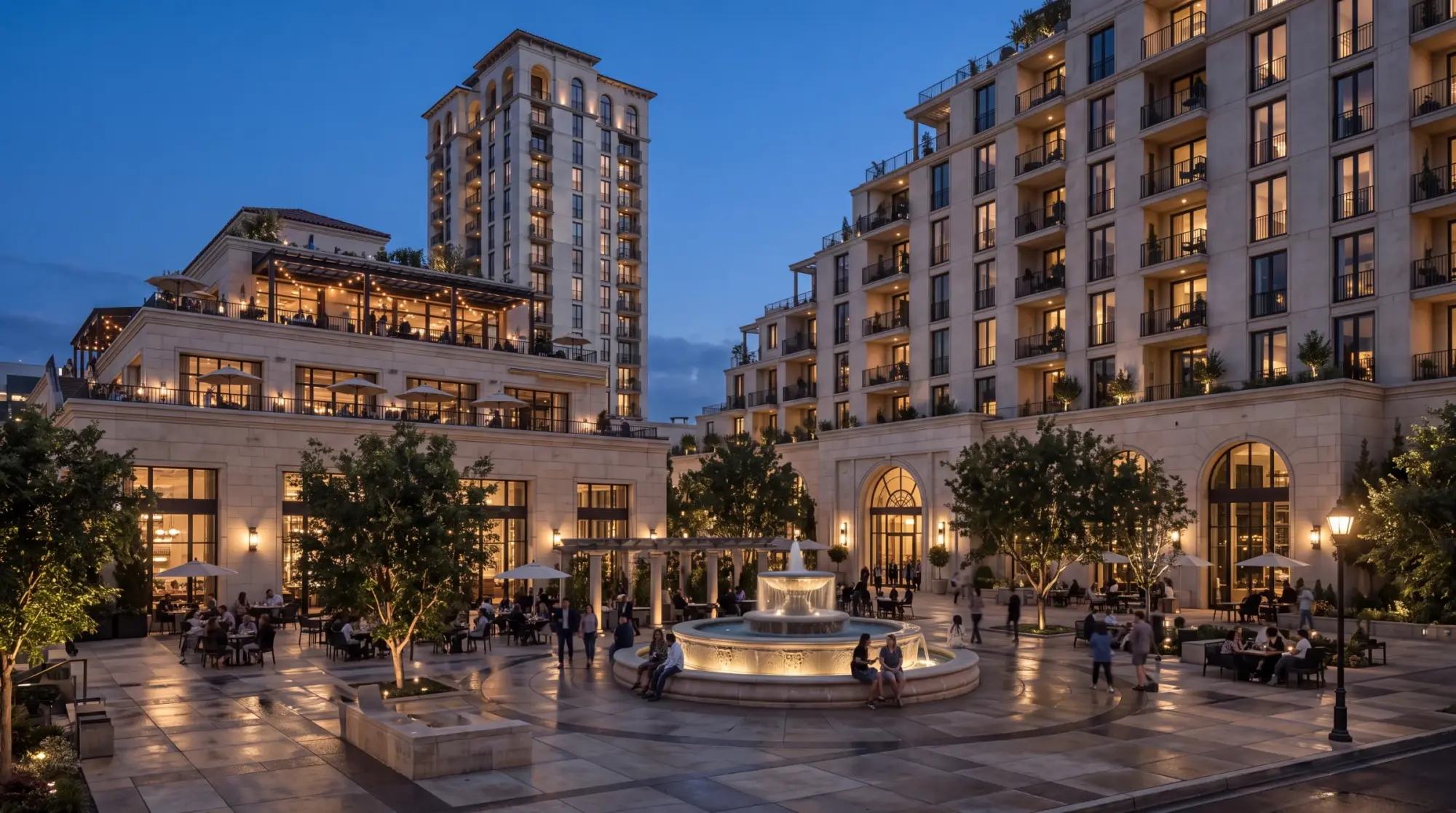 Evening concept view of the fountain plaza and arched storefronts
