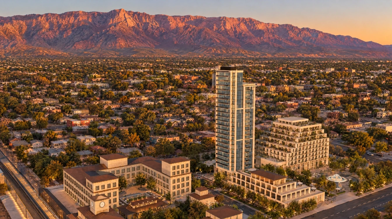 Aerial rendering of the development, the rail corridor and the Sandia Mountains