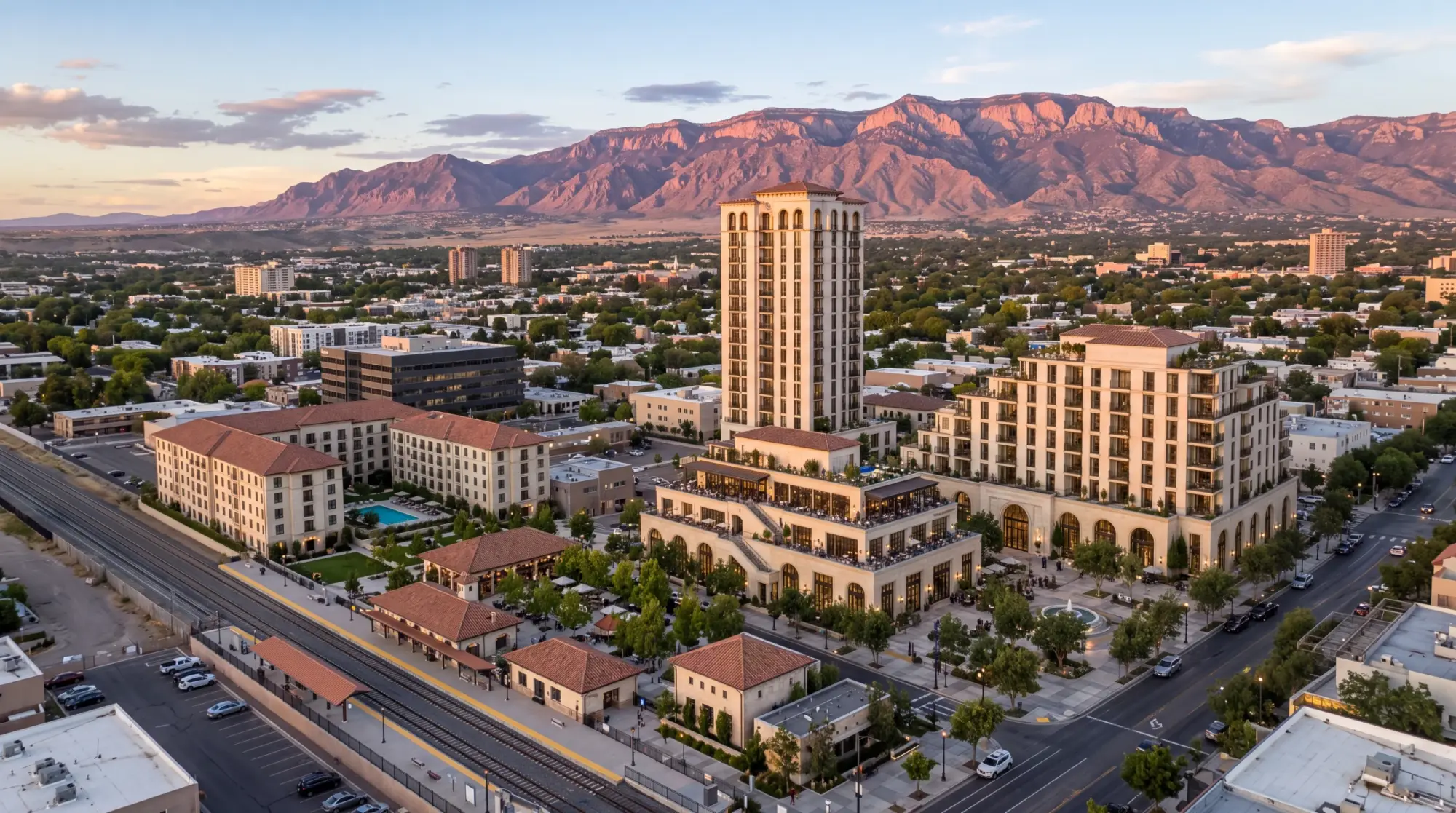 Aerial concept of the development, rail corridor, and Sandia Mountains
