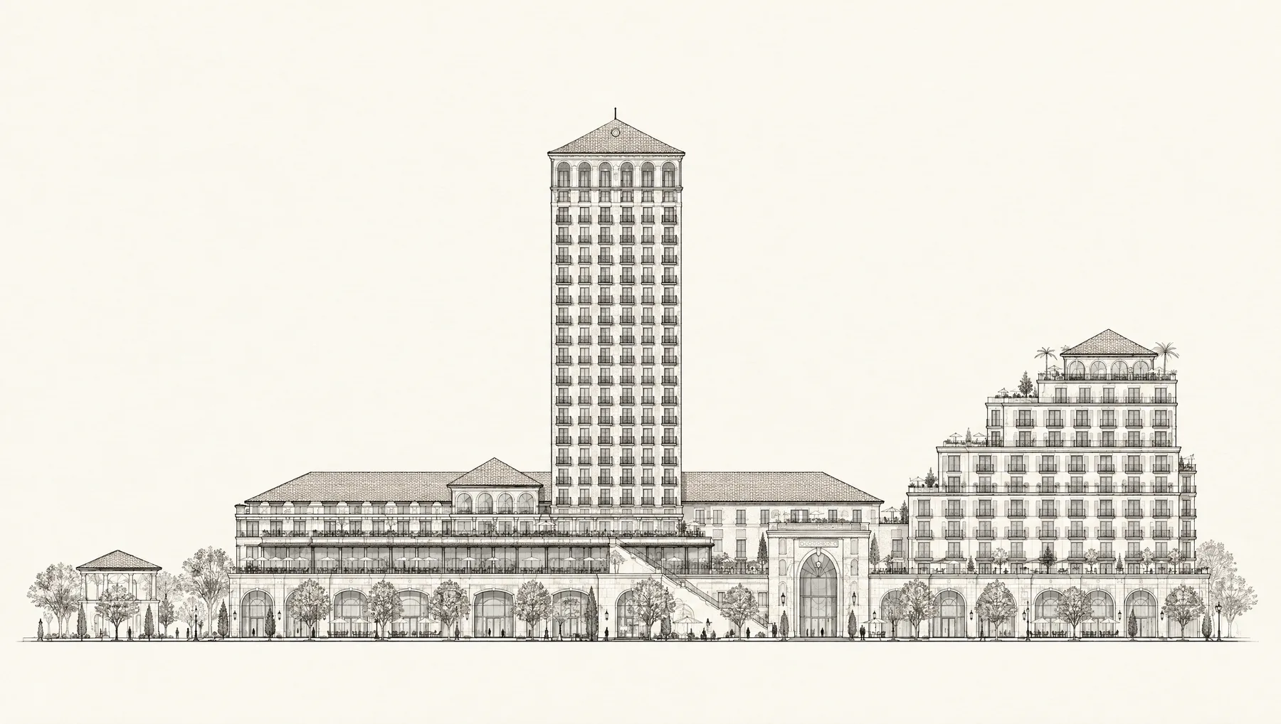 Conceptual ink elevation generated from the project's architectural references