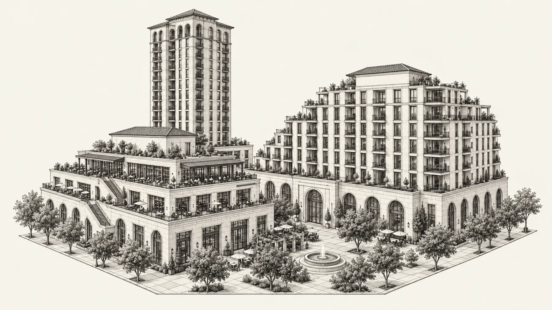 Ink illustration of the proposed tower, terraced podium, stepped mid-rise and corner plaza