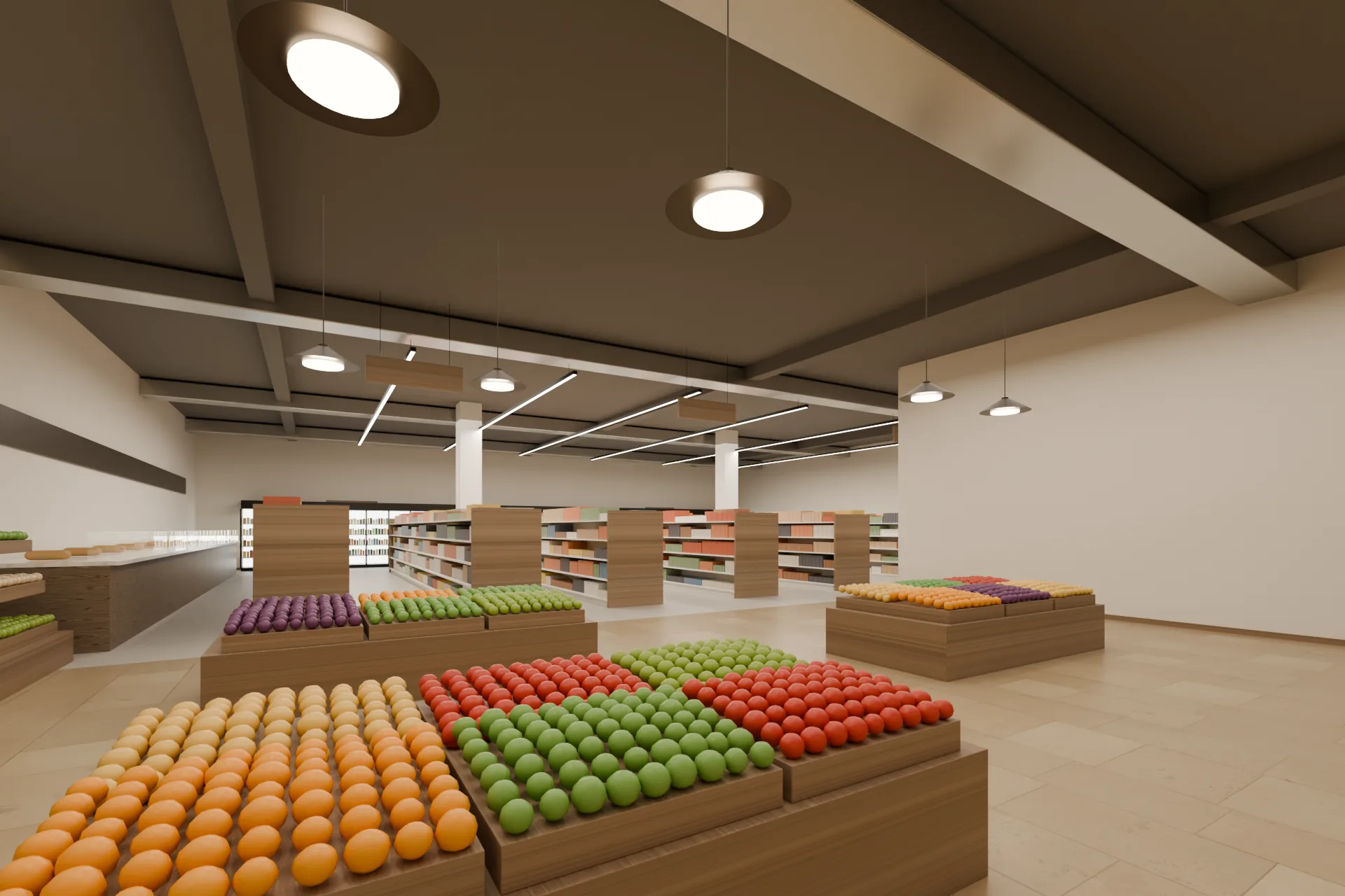 Grocery store with oak produce islands, shelving aisles and refrigerated cases.