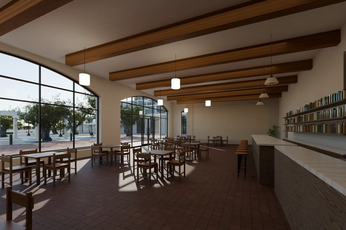 Restaurant with a walnut bar, leather banquette, terracotta tile floor and opal globe lights.