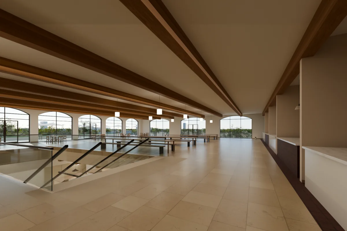 Food hall with vendor counters, long oak tables and benches, and opal globe lights.