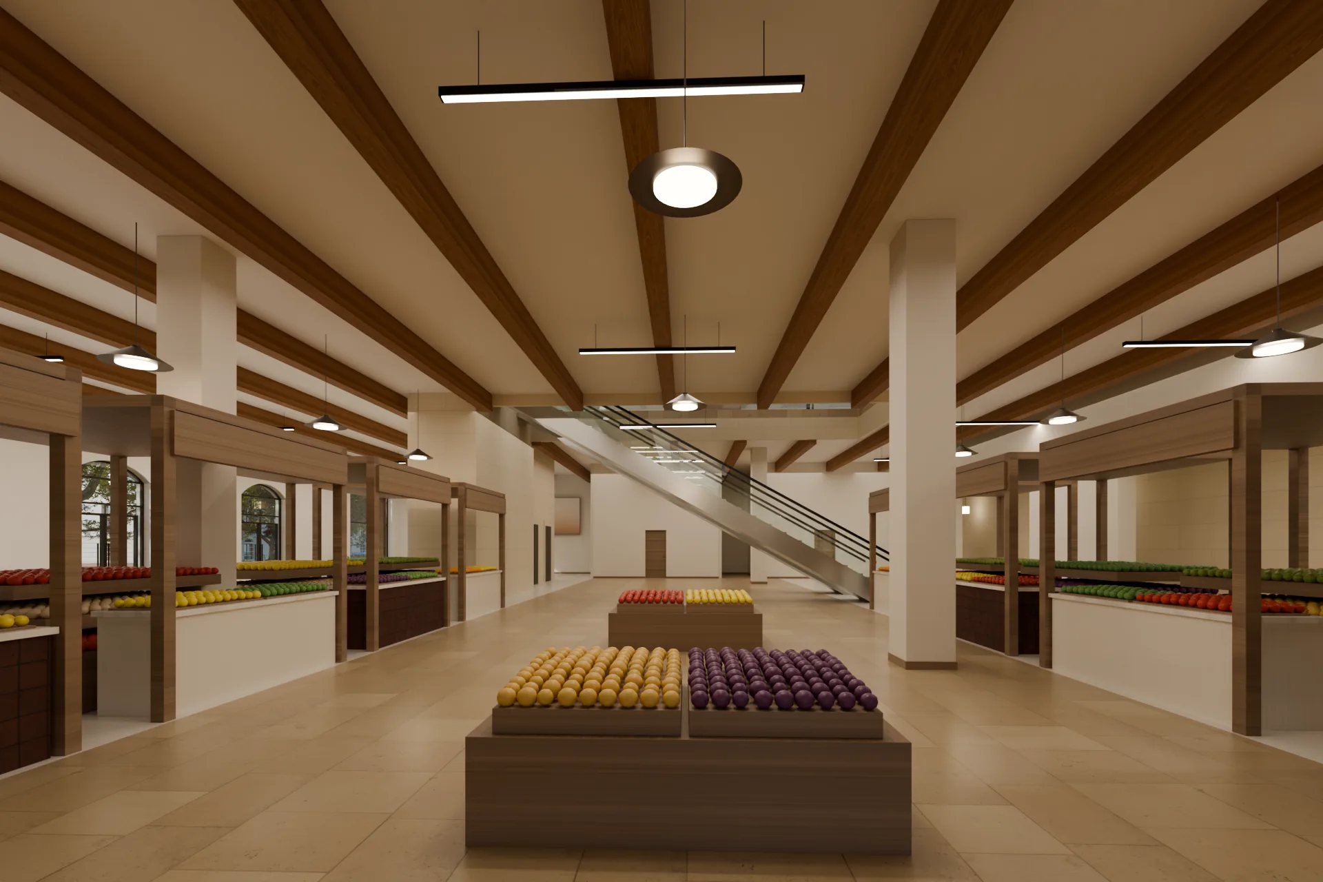 Indoor food market with oak-framed stalls, terrazzo floors, oak ceiling beams and bronze pendant lights.