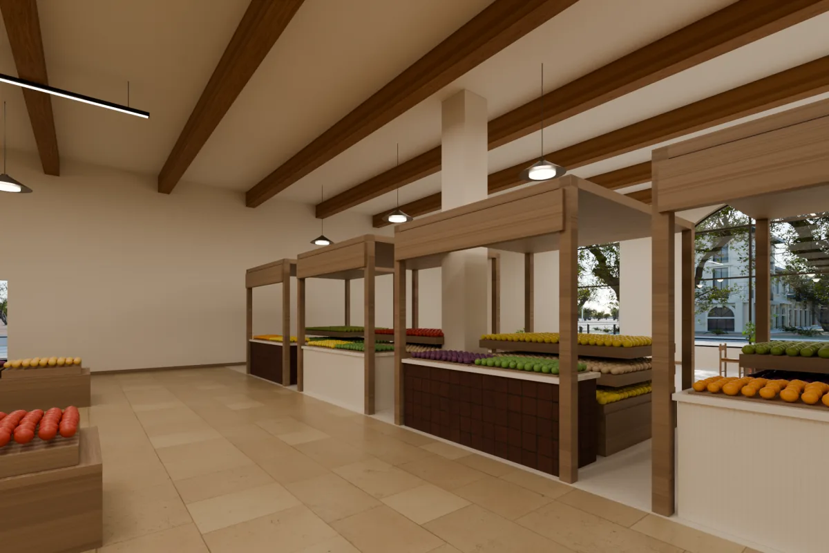 Market stalls with tiled counters, produce crates and bronze dome pendants.
