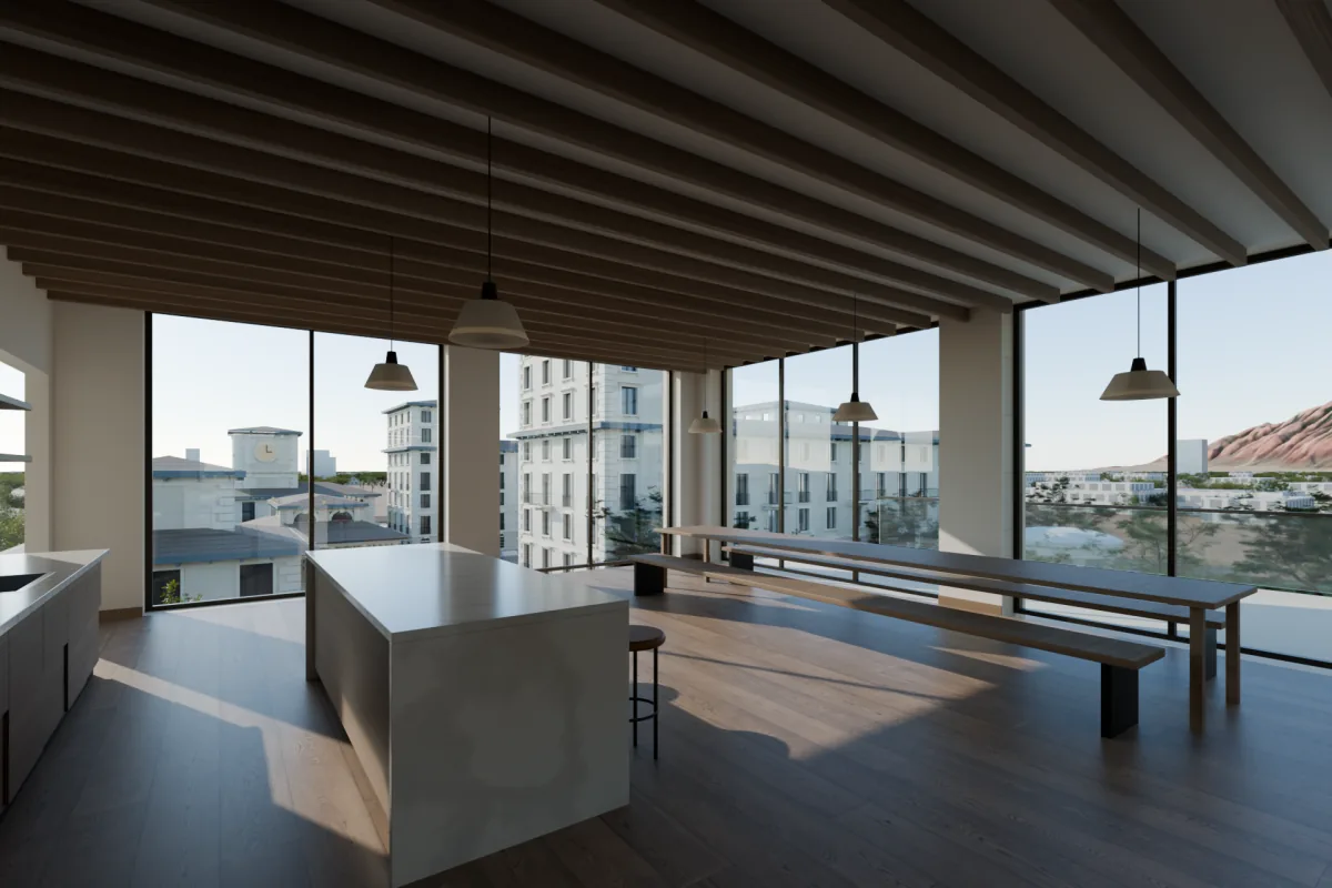 Office break room with a pantry island, oak slat ceiling and seating.