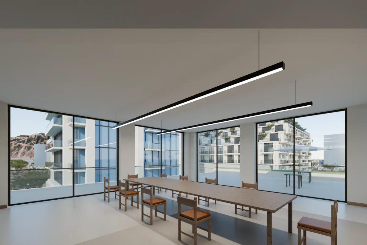 Conference room with a walnut table for twelve and glass walls looking toward the tower.