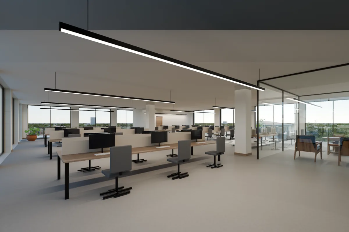 Open office with rows of oak desks, felt screens and linear pendant lights.