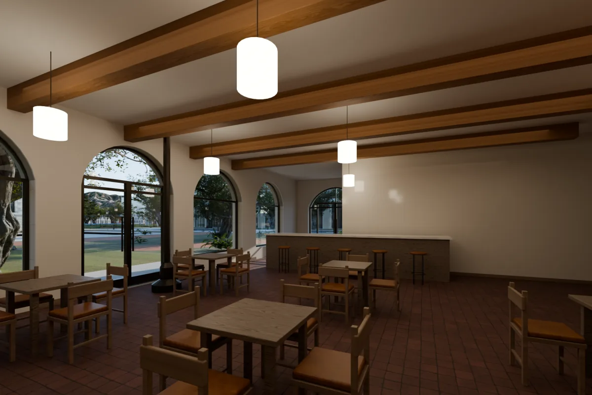 Corner restaurant with a leather banquette, a walnut bar and terracotta tile floor.