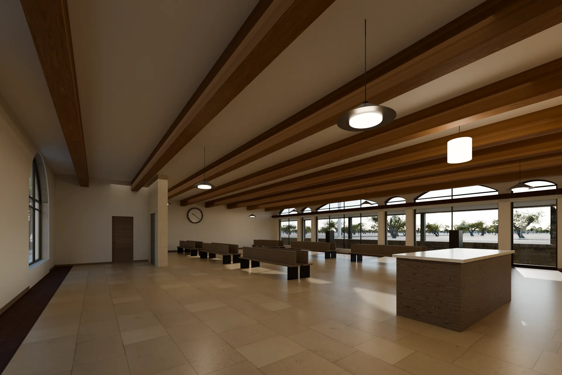 Rail station waiting hall with walnut benches, a departures board and bronze dome pendants.