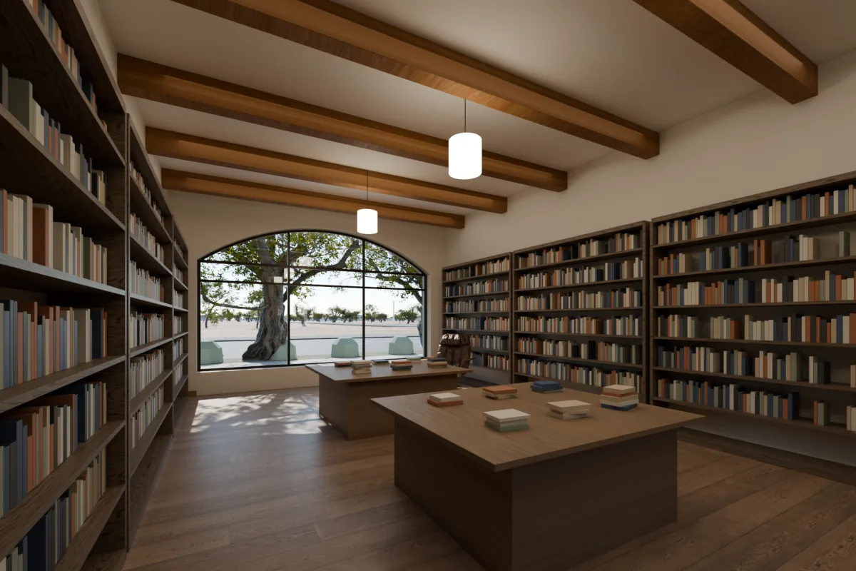 Small book and news shop with walnut shelving, display tables and a magazine rack.