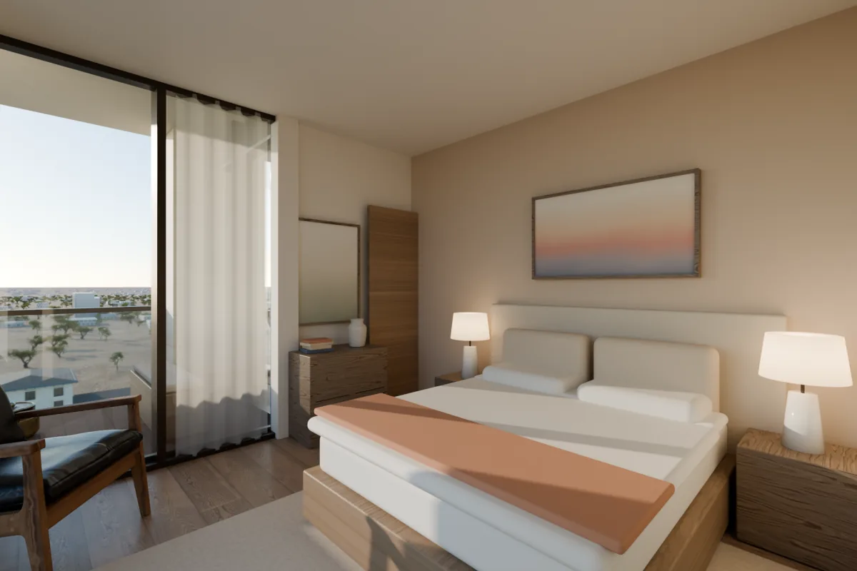 Bedroom with a double bed against a clay plaster wall, walnut nightstands with lamps, a dresser and a glass wall to a corner loggia.