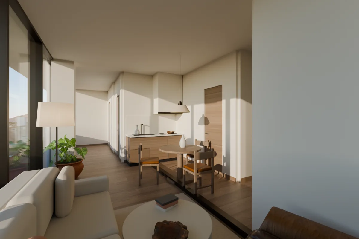 Apartment living room with a sofa against floor-to-ceiling glass, a round dining table with three chairs and an oak kitchen with a range hood.