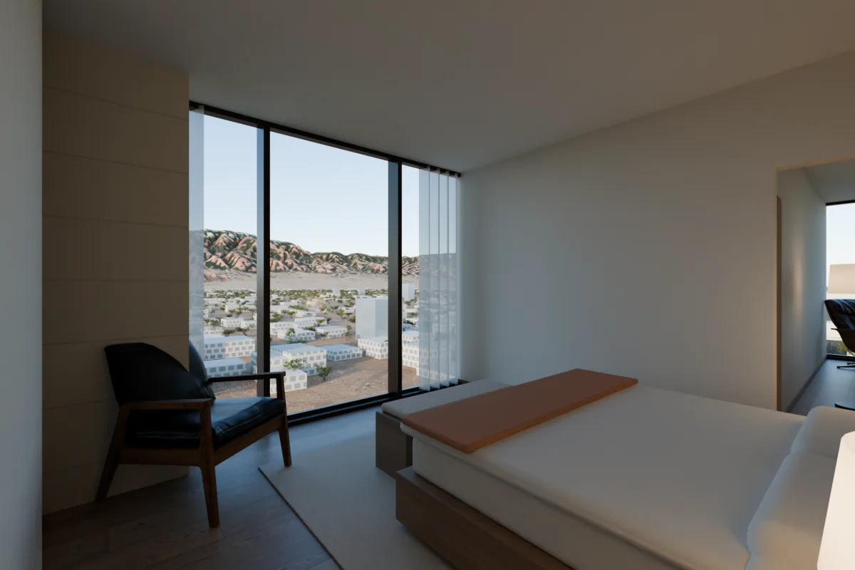 Bedroom with windows on the north face of the tower.
