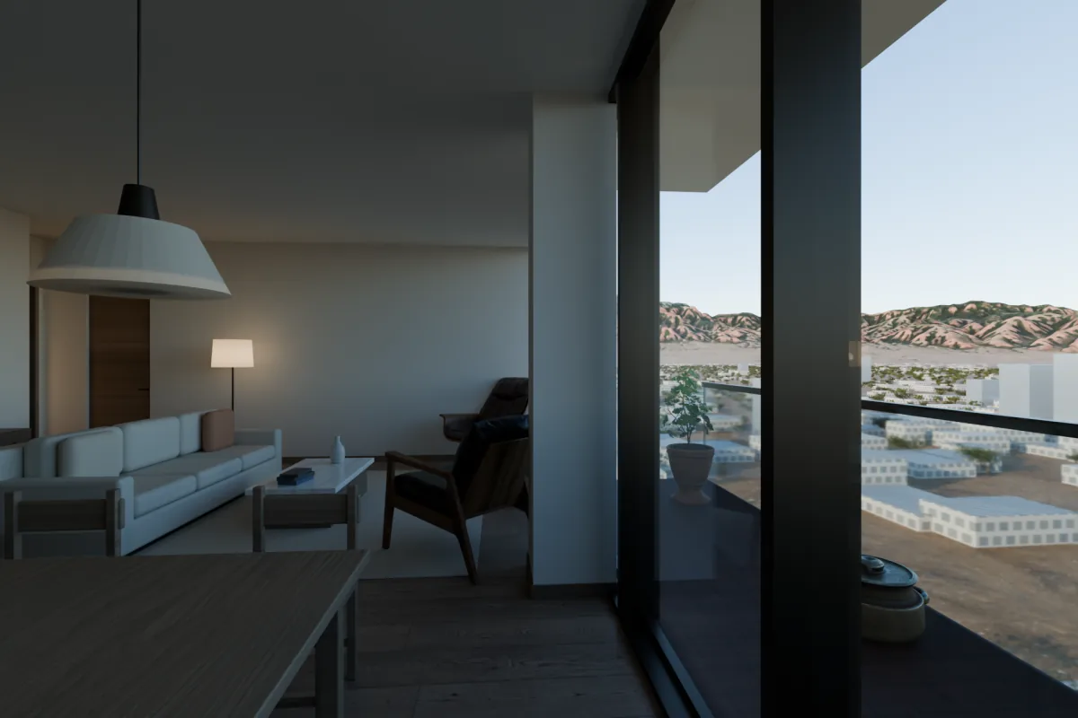 Two-bedroom apartment living room with glass to the east balconies.