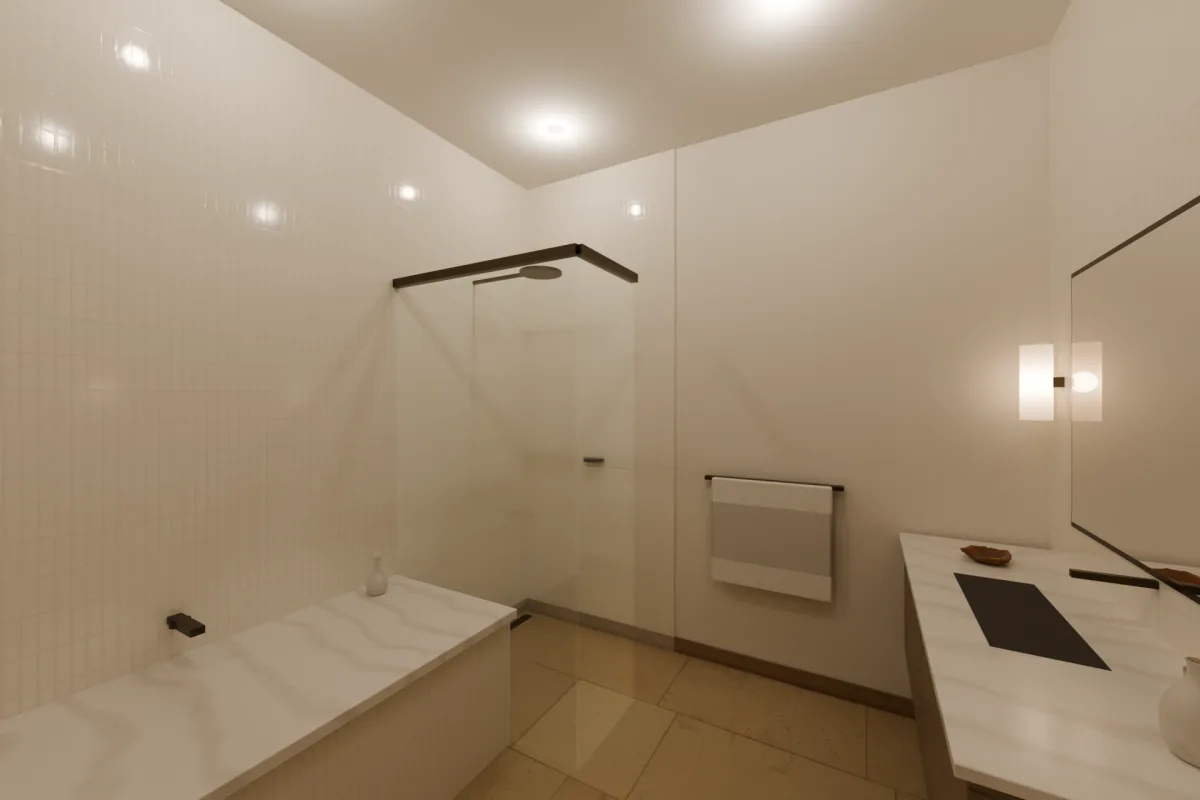 Bathroom with a glass shower screen, a stone vanity and wall sconces.