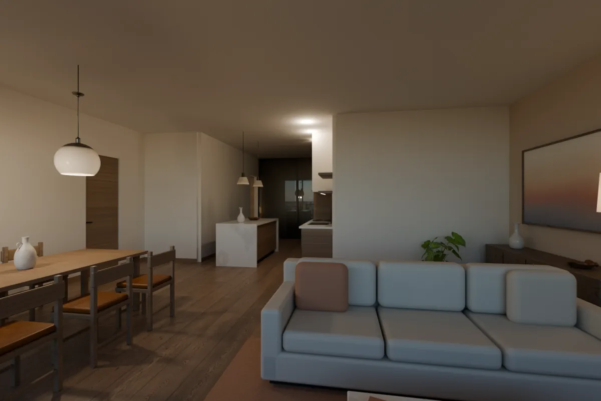 Open living and dining room with a long dining table, a sofa and a kitchen island at the far end.