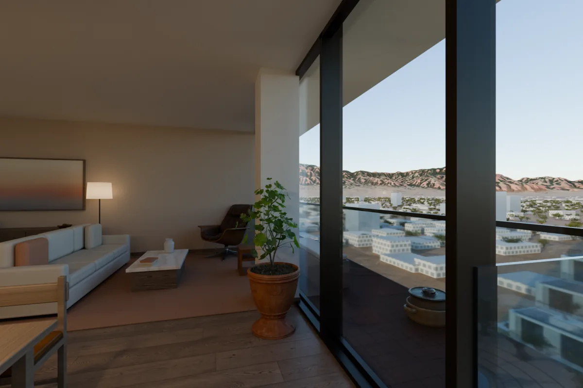 Two-bedroom apartment living room with glass to the east balconies.