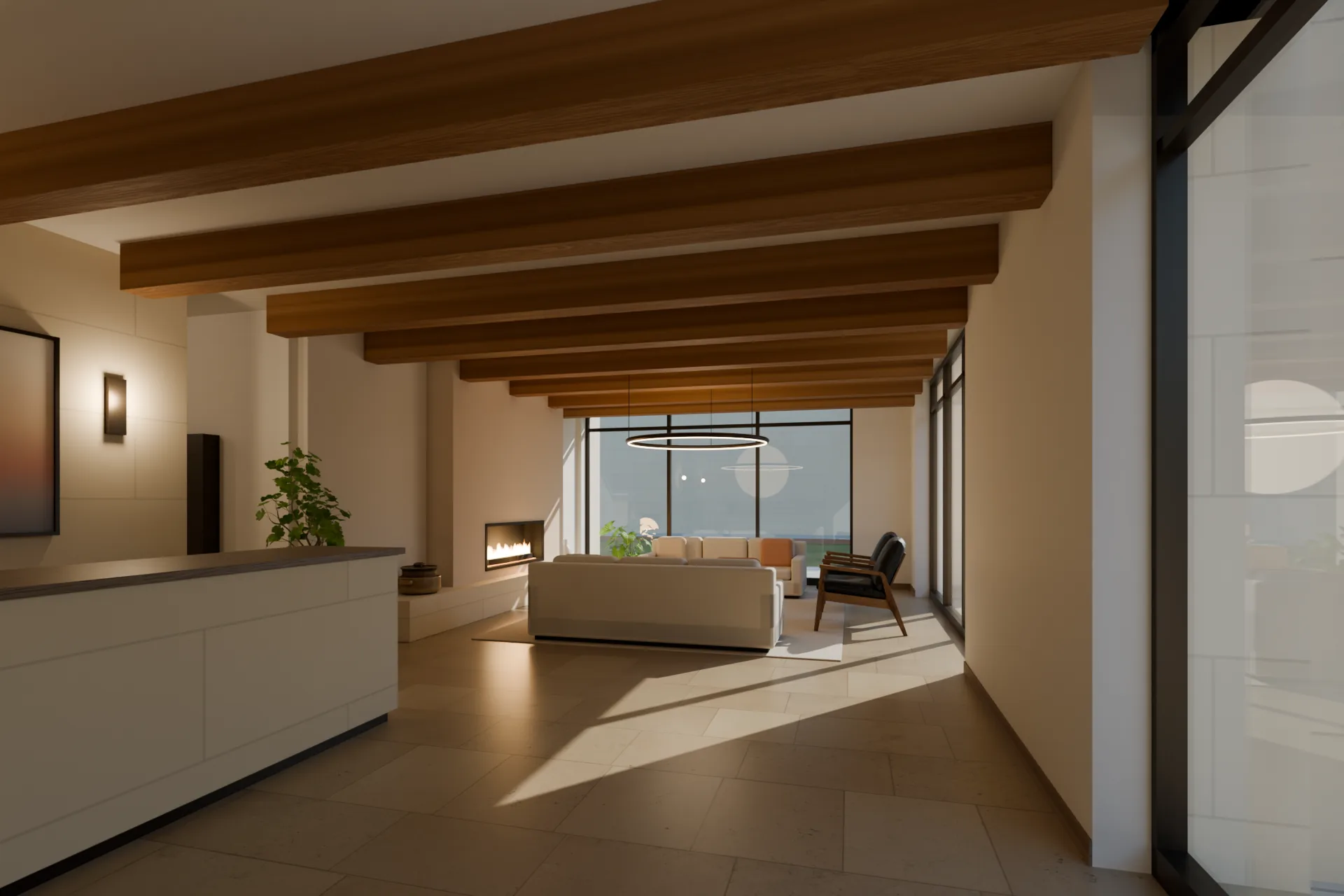 Tower lobby with a limestone reception desk, oak ceiling beams and a lounge around a linear fireplace on the far wall.