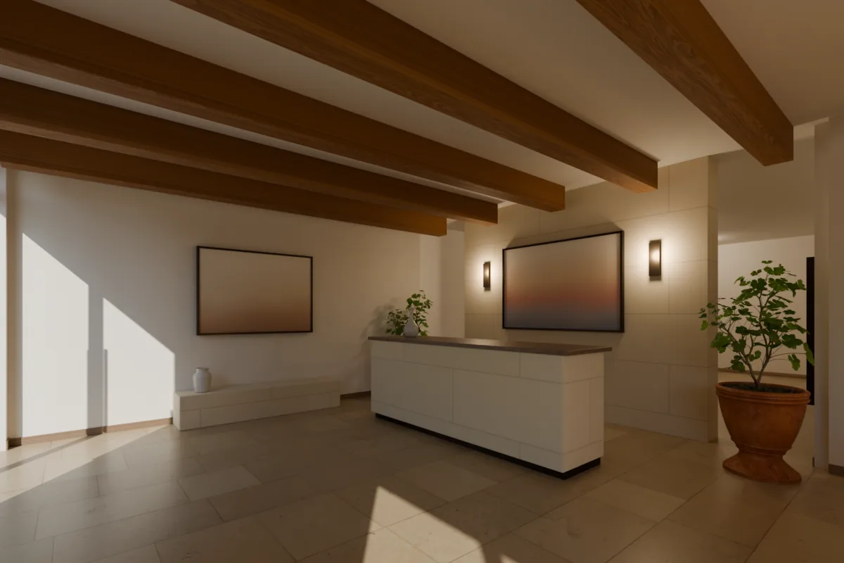 Lobby reception desk in limestone with a walnut top, a sandstone screen wall with two bronze sconces and a painting, and a stone bench on the side wall.