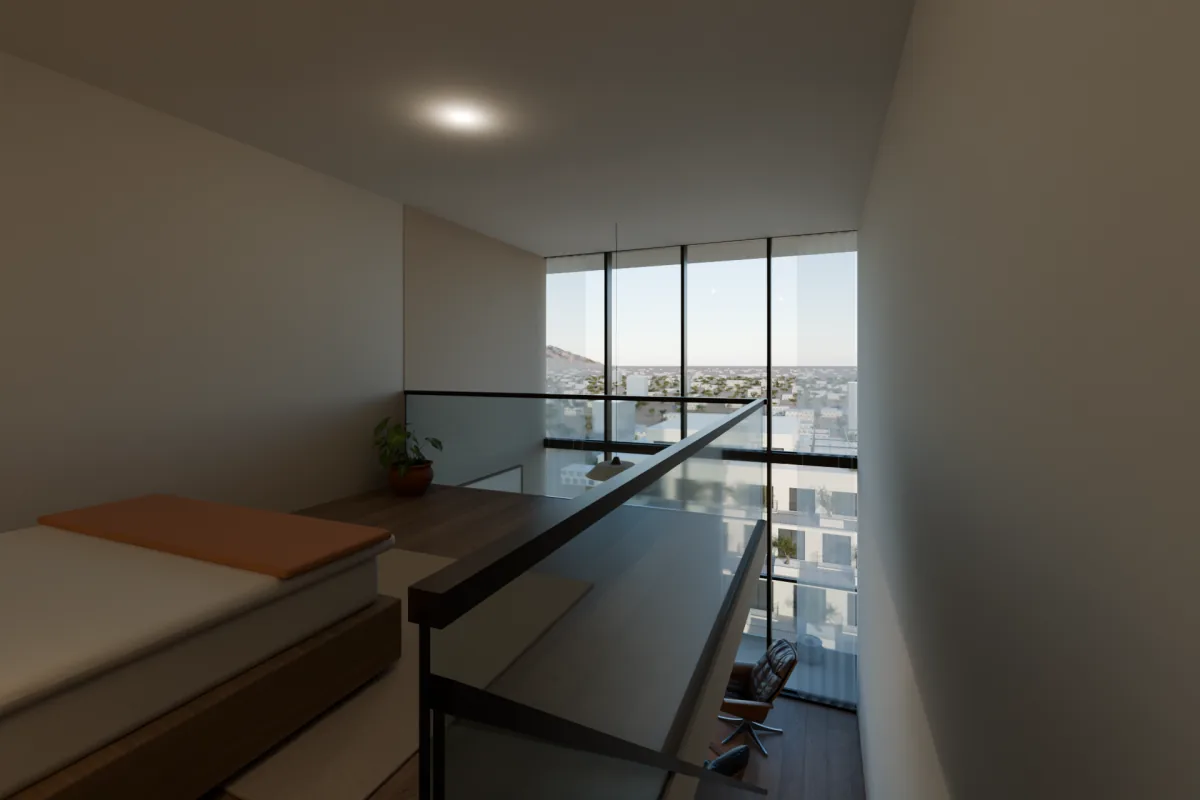 Sleeping loft above a double-height living room.
