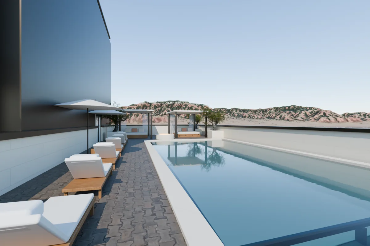 Rooftop pool with loungers and shade umbrellas beside the tower crown.