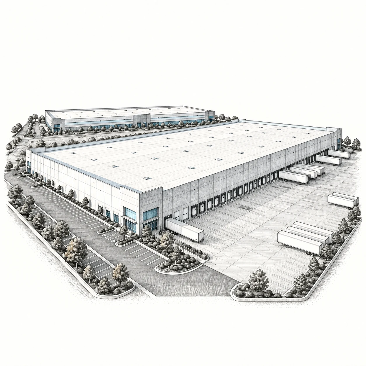 Illustrative warehouse engraving, not the acquired properties