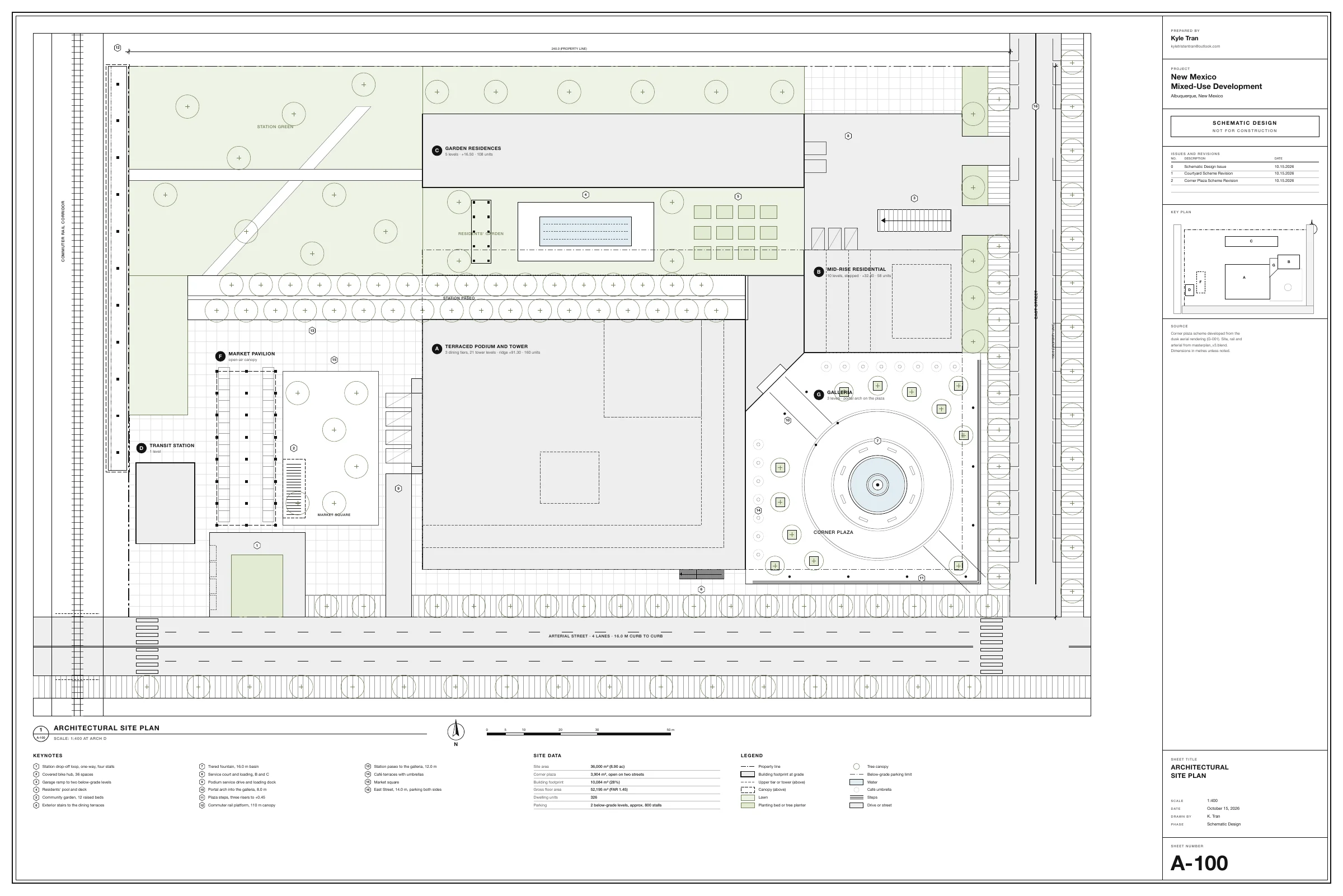 A-100 architectural site plan from the version 4 schematic set, showing the rail edge, residential buildings and corner plaza