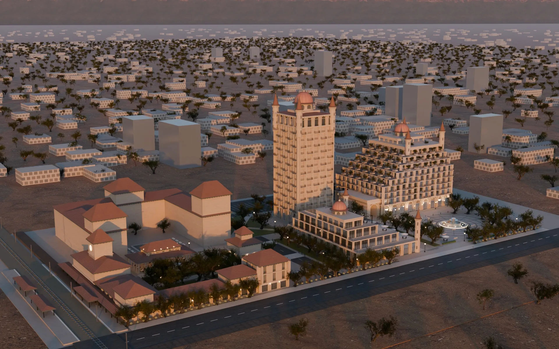 Cycles render of the whole site from the south-west