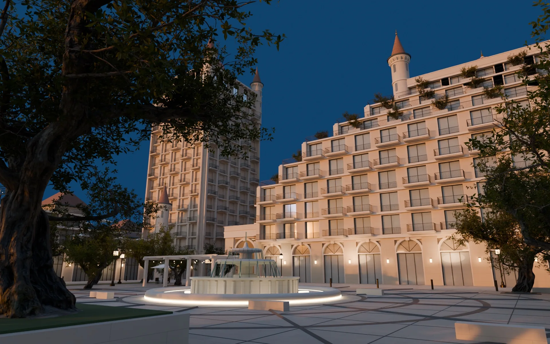 Cycles render of the fountain plaza at eye level