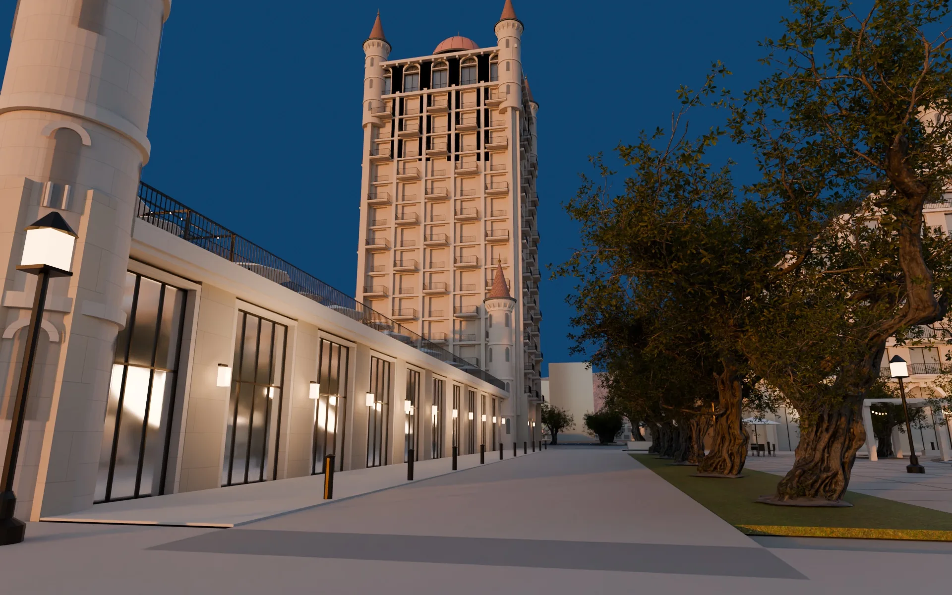 Cycles render looking north up the East Paseo to the tower