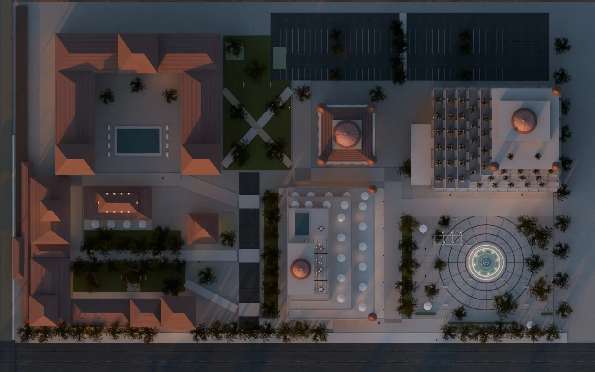 Walkability plan render showing paseos, fire lanes and public green